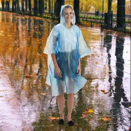 Relaxdays Regenponcho 10er Set, Einmal Regencape mit Kapuze, für Erwachsene, Notfallponcho Damen & Herren, blau