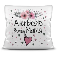 Kissen inkl. Kissenfüllung mit Spruch - Allerbeste Bonus Mama - Beste Geschenkidee für Familie und Freunde - Kissen Polyester - Weiß