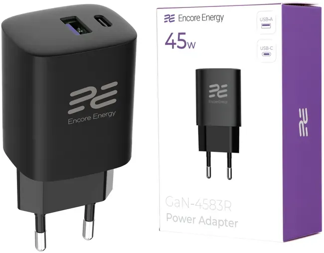 Neues Netzteil Encore Energy GaN QC 4.0 PD 3.0 USB-A USB-C 45W GaN-4583R