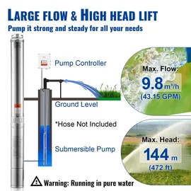 Vevor Tiefbrunnen-Tauchpumpe 2200 W 9,8 m3/h Durchfluss 144 m Förderhöhe mit 19,4 m Kabel und externer Steuerbox
