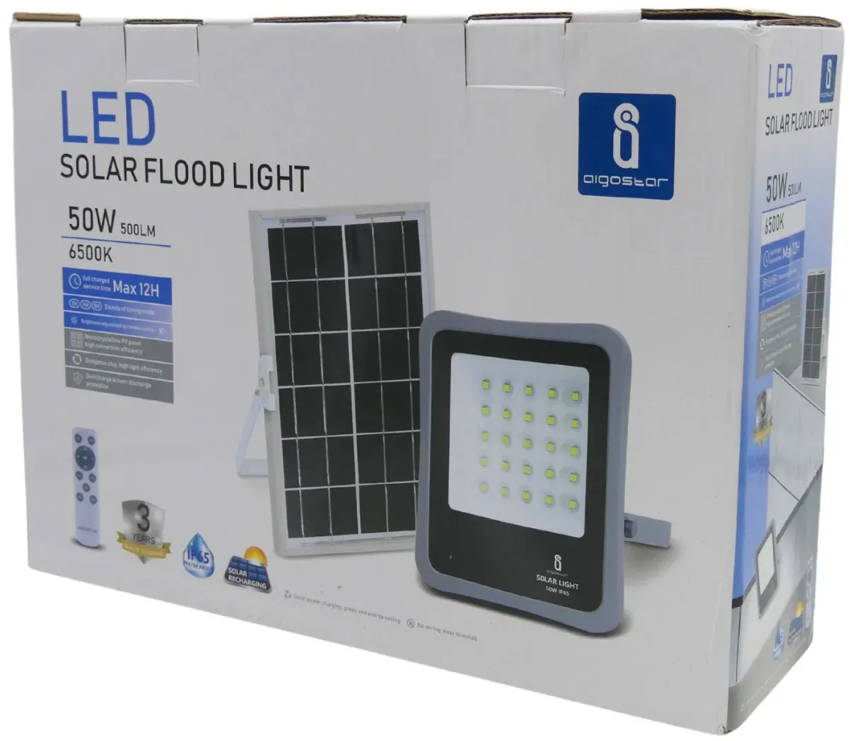 AIGOSTAR LED Solar Flutlicht 50W 6500 K Panel Kaltweiß Strahler Bewegungsmelder