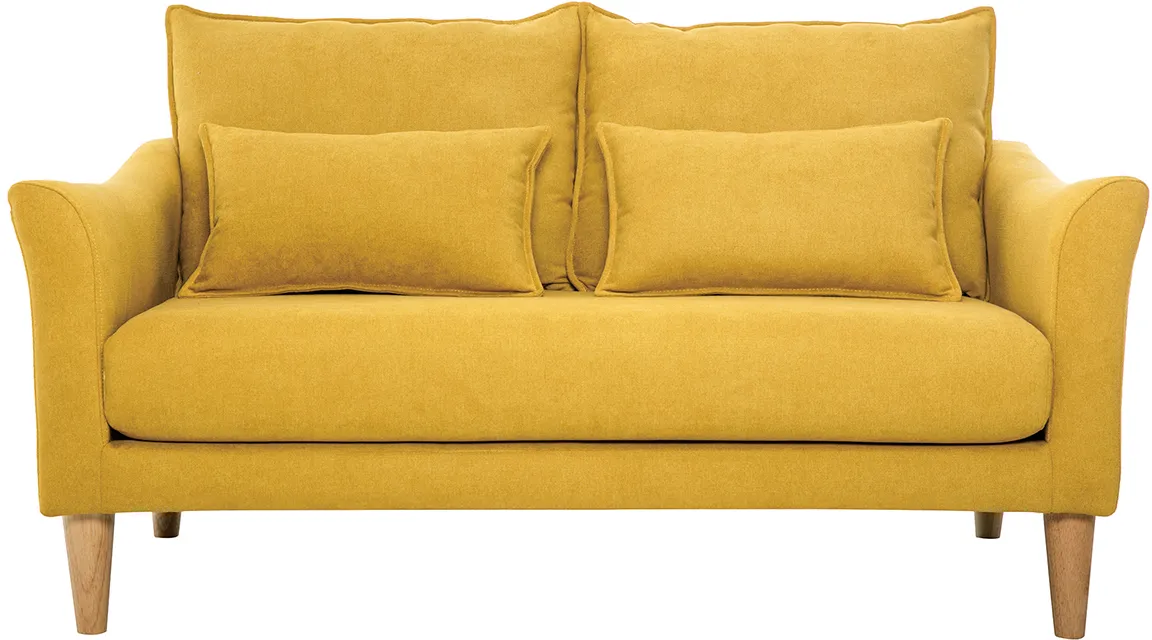 Canapé scandinave 2 places en tissu effet velours jaune moutarde et bois clair KATE