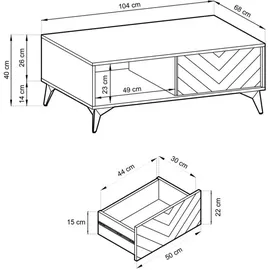 Selsey Boulia - Wohnzimmertisch Couchtisch mit Schublade, Schwarz/Eiche Evoke mit Fischgrätmuster, 68 x 104 cm