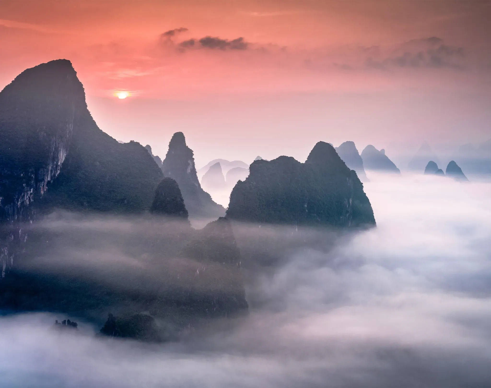 Fototapete PAPERMOON "Karst Mountains in Guilin China", bunt (mehrfarbig), B:5m L:2,8m, Vlies, Tapeten