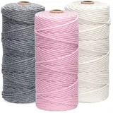 Makramee Garn 3er Set,ilauke Weiche Baumwollgarn Baumwollschnur Makramee 3mm für DIY Projekte - 3 x 100m Baumwolle Baumwollkordel zum Makramee Wandbehang, Traumfänger, Blumenampel,Rosa+Beige+Grau