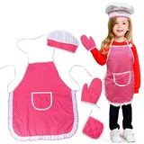 Kinder Backset, 4 Stücke Chef Schürze Kochmütze Set,Kinderschürze Kochmütze Ofenhandschuh Matte, Küchenzubehör Set Backwerkzeuge Geschenk für Mädchen (Rosa)