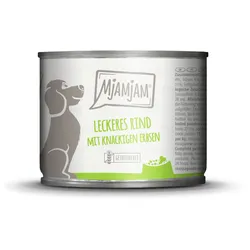 MJAMJAM Leckere Mahlzeit 200g Dose Hundenassfutter 6 x 200 Gramm leckeres Rind mit knackigen Erbsen