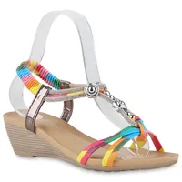 Stiefelparadies Damen Keilsandaletten in Rosa Blau Gelb Metallic
