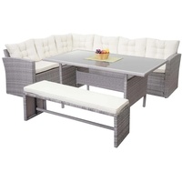 Mendler Poly-Rattan-Garnitur HWC-A29, Gartengarnitur Sitzgruppe Lounge-Esstisch-Set hellgrau, Kissen creme