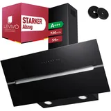 LEVIVO A+++ Kopffreie Dunstabzugshaube 90 cm Umluft & Abluft mit 720 m3/h Luftleistung, Abzugshaube mit 2 Aktivkohlefiltern, 1 Fettfilter, 3 Stufen - Schwarz