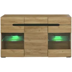 Merax LED Sideboard Schrank Modern Wohnzimmer Anrichte Möbel 3 Türen 3 Schubladen Moderne Kommode, Oak