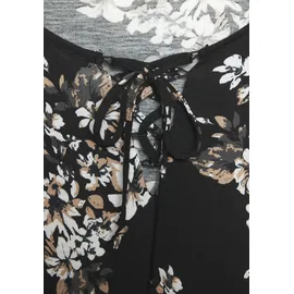 LASCANA Overall LASCANA, Damen, Gr. 34, N-Gr, beige (schwarz, creme, bedruckt), Jersey, Obermaterial: 100% Viskose, bedruckt, figurumspielend kurz, V-Ausschnitt, Volant, Overalls Overall, mit Volant am 3/4-Arm, kurzer Jumpsuit mit Blumenprint