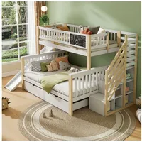 OKWISH Hochbett multifunktionales Kinderbett (Hausbett, Etagendoppelbett mit Rutsche und kleiner Tafel, 2 Schubladen, 140*200cm & 90*200cm, ohne Matratze) mit Graffiti-Brett, Treppe und Aufbewahrungsschränken