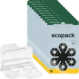 60 Varta Ecopack Hörgerätebatterien PR70 gelb 10  + Transportbox f. 2 Zellen