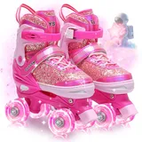OLYSPM Rollschuhe Kinder Mädchen,4 Verstellbare Größen mit fluoreszierendem Oberteil,Rollschuhe mit Leuchtenden Rädern für Anfänger Weihnachts und Geburtstags Geschenke(Rosa)