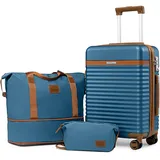 Joyway Kofferset 3 Teilig von ABS Hartschalen Erweiterbar Trolley Kofferset mit 4 Rollen und TSA Schloss Der Handgepäck Sets Enthält 1 Reisetasche und 1 Kulturbeutel Blau