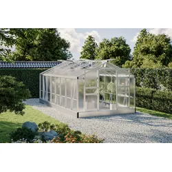OUTFLEXX Flora Gewächshaus, silber, Aluminium, 490 x 250 x 210 cm, robust, korrosionsbeständig, witterungsbeständig, Spitzdach