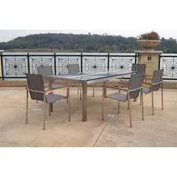 OUTFLEXX Garten-Essgruppe, silber/taupe, Edelstahl/Granit/Textil, 200x100 cm, 6 Stapelsessel, Teakarmlehnen
