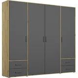 Rauch Drehtürenschrank RAUCH "Kleiderschrank Schrank Garderobe Wäscheschrank VOYAGER", grau (eiche artisan, graumetallic), B:187cm H:194cm T:53cm, Holzwerkstoff, Schränke, Drehtürenschrank, moderne Griffe in Graumetallic mit Außenschubkästen MADE IN GERMANY