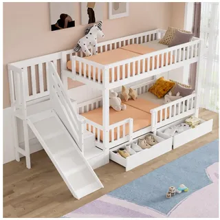 xixiworkshop Etagenbett mit Rutsche 90 x 200 cm MDF und Massivholz weiß