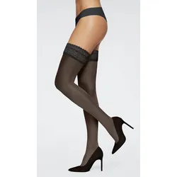 Halterlose Feinstrümpfe LASCANA, Damen, Gr. 48-50, schwarz, Polyamid, Elasthan, elastisch, Socken, mit Spitze mit floralem Design