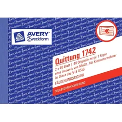 Avery Zweckform Quittung Kleinunternehmer ohne MwSt., A6 quer, selbstdurchschreibend, fälschungssicher, 2 x 40 Blatt