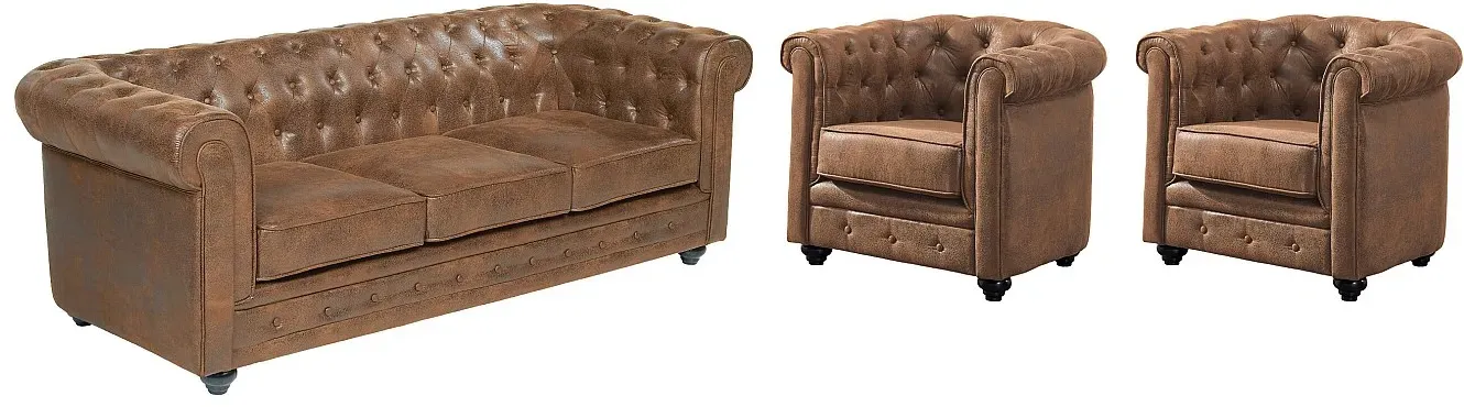 Couchgarnitur 3+1+1 - Microfaser - Vintage-Look - CHESTERFIELD