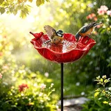 Vogeltränke Stehend Gartendeko für Draußen Wetterfest Bienentränke Gartenstecker – Metall Insektentränke Garten für Wasser & Vogelfutter, Dekorative für Bienen & Vögel (Rot)