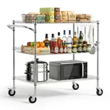 Vevor Küchenwagen mit 3 Ebenen, Schwerlast-Servierwagen bis 454 kg, Rollwagen mit Höhenverstellbaren Drahtablagen und Griff, Metallregal auf Rollen für Küche, Garage & Waschküche, 1016 x 635 x 1040 mm