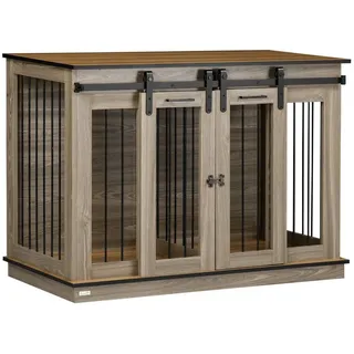 PawHut Hundekäfig, Hundehütte mit Zweiraum-Option, Doppeltüren, Eiche