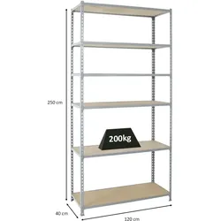 PROREGAL Schwerlastregal Giant Muli | HxBxT 250x120x40cm | Fachlast 200kg | Grau | Stecksystem Lagerregal Regalsystem Steckregal