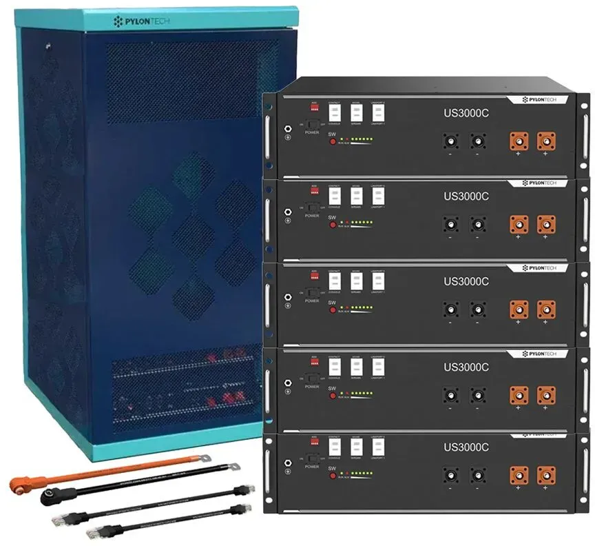 Pylontech Bundle 5 x US3000C (17,5 kWh) mit Wechselrichter-Anschlusskabelset und Batterieschrank