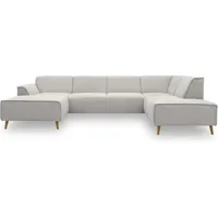 DOMO. collection Wohnlandschaft Jules FK, skandinavisches Sofa mit Federkern, Couch in U-Form mit Holzfüßen, 333 x 191 x 81 cm (BxTxH), Longchair links, hellgrau
