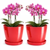 PECZEKO Blumentopf glänzender, Pflanzkübel aus Übertopf Kunststoff Dekorativer Topf für, groß und klein Pflanzen, 2er-Set blumenkübel mit Untersetzer, blumenkübel kräutertopf, Rot, ø 14 cm
