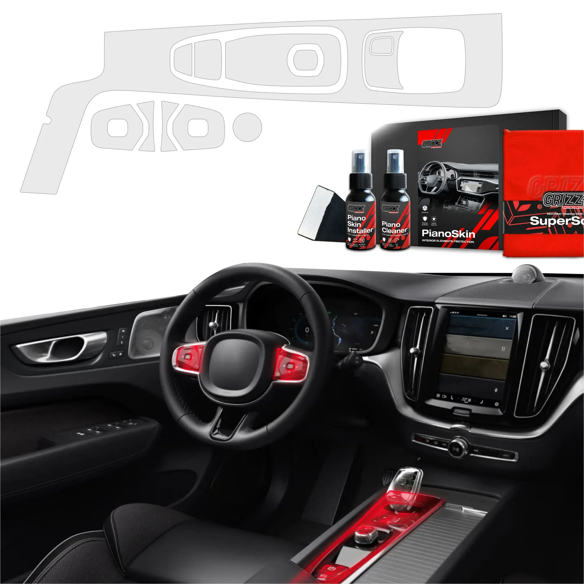 4-in-1 Grizz Schutzfolie Grizz Protector für den Innenraum Volvo XC60 T8 (2021-2022) Anti-Fingerabdruck PianoSkin