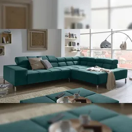 KAWOLA Ecksofa Nelson Velvet Recamiere rechts mit motorischem Sitzvorzug smaragd