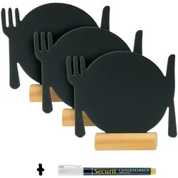 Securit® Silhouette Mini Kreidetafeln ''Teller'' – 3er-Set – Mit Kreidemarker – Holzbasis
