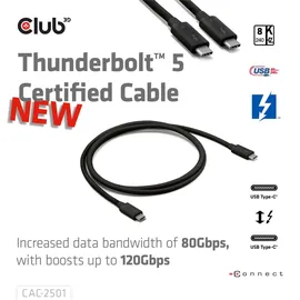 Club 3D Thunderbolt 5 Zertifiziertes 8K240Hz Daten 80/120 Gbps EPR 240 Watt Kabel St./St. 1m schwarz