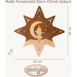 Weigla Engel auf Mond, beleuchtetes Fensterbild, BRAUN-GOLD, Made in Germany", braun (braun, natur), H:30cm T:5cm, Holzwerkstoff, Dekosterne, Erzgebirge garantiert, Weihnachtsdeko Weihnachtsbeleuchtung, Natur