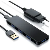 Primewire USB 3.2 Hub mit Netzteil, Ultra Slim 4-Port Verteiler, Datenhub für PC PS4 Notebook Netbook Laptop Ultrabook Tablet-PC MacBook, Bus-Powered