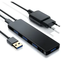 Primewire USB 3.2 Hub mit Netzteil, Ultra Slim 4-Port Verteiler, Datenhub für PC PS4 Notebook Netbook Laptop Ultrabook Tablet-PC MacBook, Bus-Powered