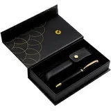 BELIUS Kugelschreiber und Etui Passion Dor Aluminium, gebürstete Textur, Schwarz und Gold, blaue Tinte, Design-Box