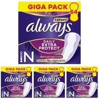 Always Dailies Extra Protect Slipeinlagen Damen, Normal (64 Binden), Giga Pack, schliesst Gerüche und Flüssigkeit sofort ein, für maximalen Schutz am Tag (Packung mit 4)