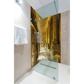 Wallario selbstklebende Duschrückwand x 200 cm mit Motiv Buddhistischer Tempel aus Holz - Mandaley - Wandverkleidung mit Hochglanzlaminat in Gl...