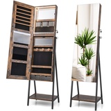 COSTWAY Schmuckschrank mit Spiegel, Schmuck Spiegelschrank mit 3-farbigen LED Beleuchtung, abschließbar, Extra Ablage, 41,5 x 37 x 157 cm (Rustikales Braun)