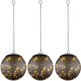 GLOBO Hängeleuchte Solar Pendelleuchte Solarlampe rauch Solarleuchte Kugel, 20x LED warmweiß, DxH 15x50 cm, 3er Set