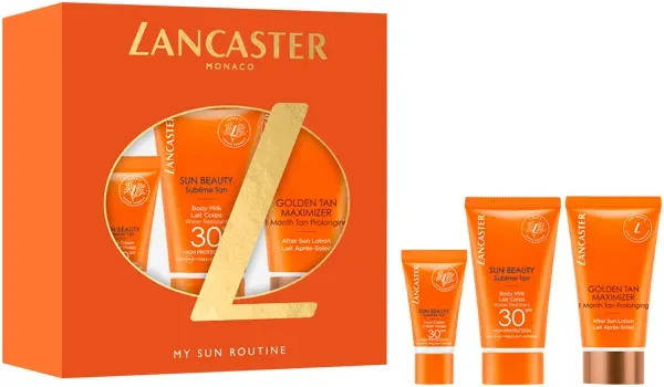 Lancaster Trail Set = Sun Beauty Sun Protective Fluid SPF30 3ml + Sun Beauty Body Milk SPF30 50ml + Golden Tan Max Lotion 50ml - 3 Artikel im Set