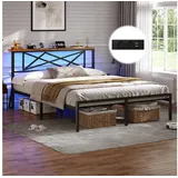 MSMASK Metallbett mit LED-Beleuchtung, Steckdose und 2 USB-Anschlüssen (Ohne Matratze), Bettgestell 140x190 cm in Braun mit Metall-Lattenrost braun 140 cm x 204 cm x 90 cm