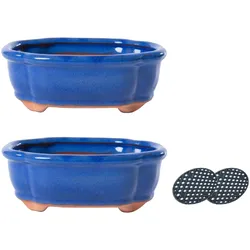 H&D Manufaktur Jinfa 2 glasierte Keramik Bonsai Töpfe mit Entwässerungslöchern + 2 Drainagegitter | Blau