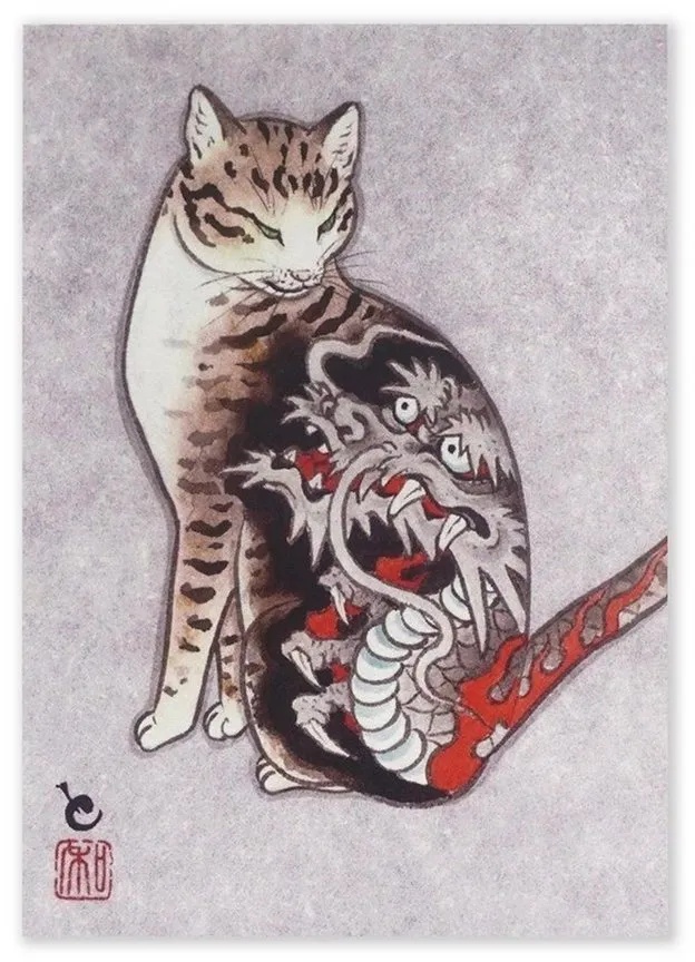 GalaxyCat Poster Japanisches Katzen Wandbild im Ukiyo e Stil, Katzen Wandbild auf, Katze mit Tatoo, Ukiyo-e Wandbild - Katze mit Tatoo grau